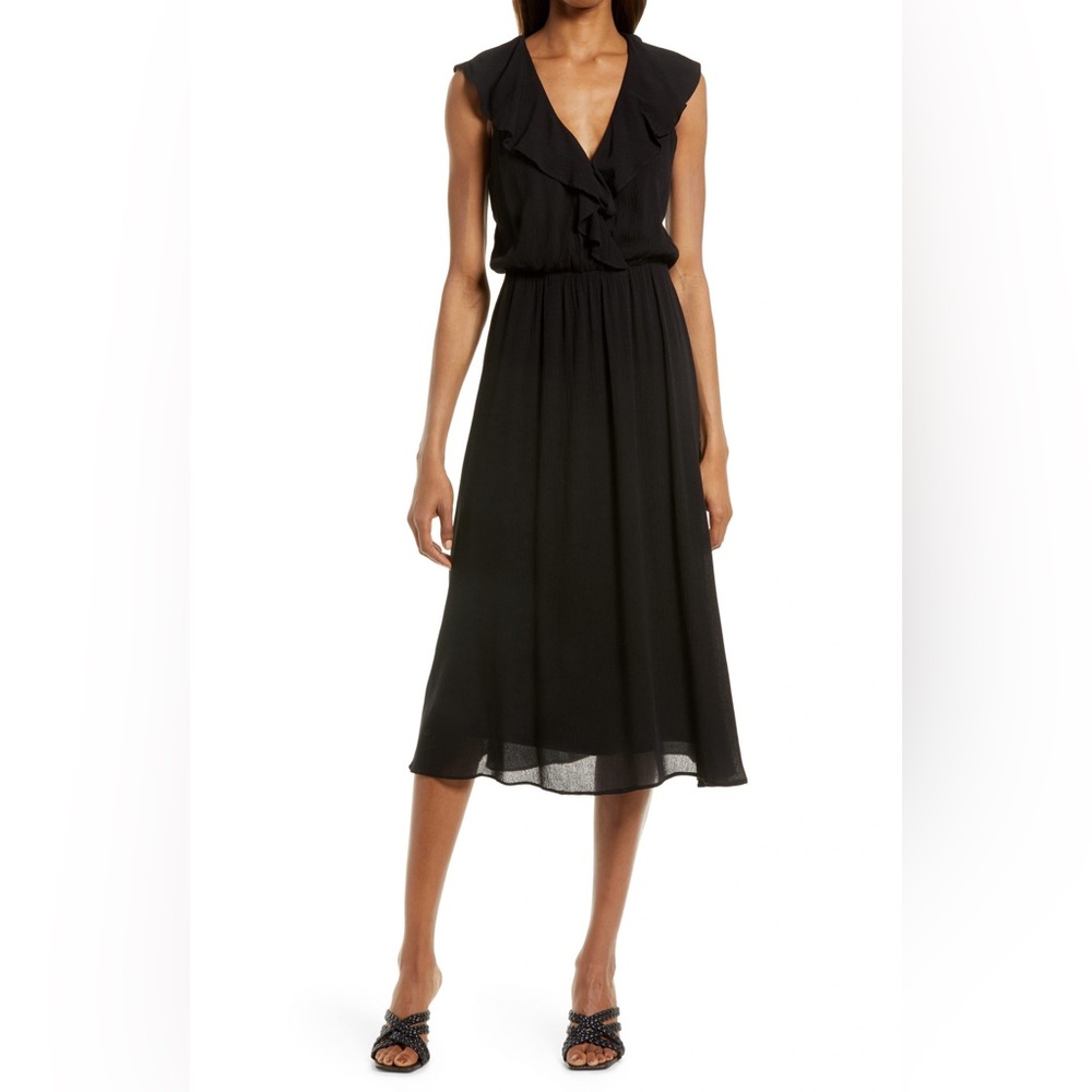 Charles Henry Ruffle Surplice Midi Dress, Black, size large